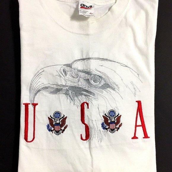 Anvil Men's Size L Embroidered USA & Eagle Short Sleeve White T-Shirt - Picture 1 of 8